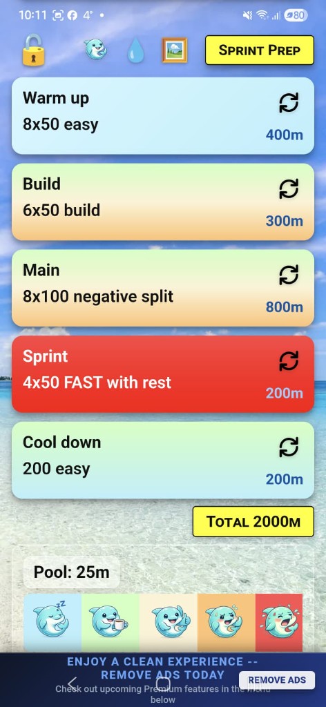 SwimSum app – workout with warm up, build, main, sprint, cool down