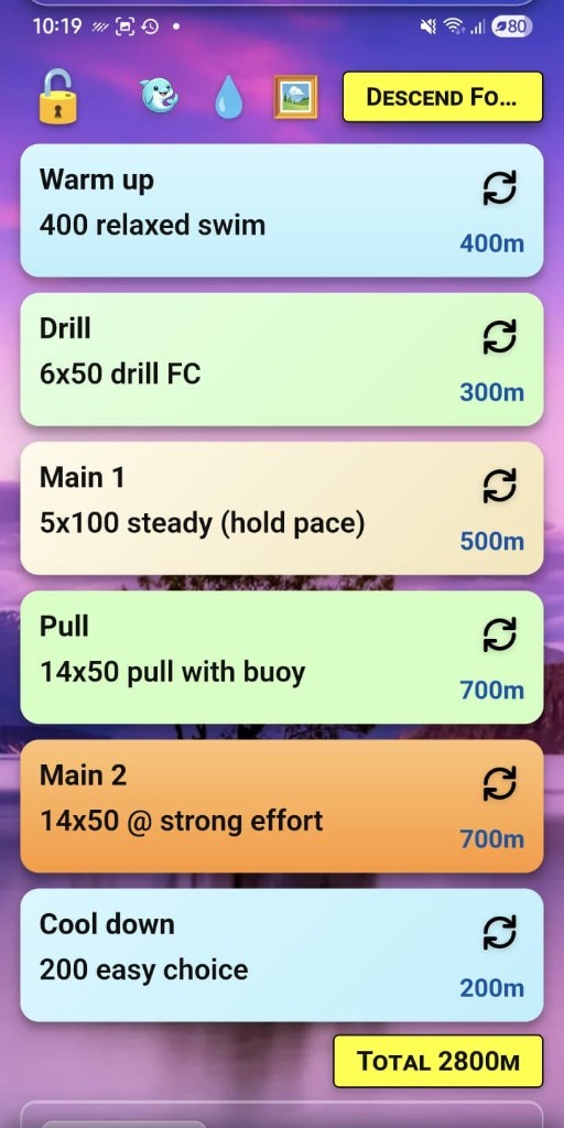 SwimSum app – longer workout with main sets and pull