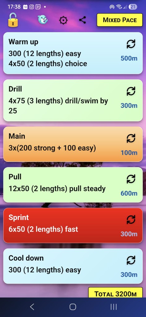 SwimSum app – longer mixed workout with multiple effort sections